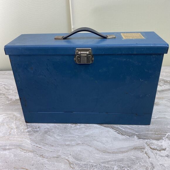 Vintage‎ Lockable Blue Metal Briefcase Filing System Extendable Front - Picture 1 of 8